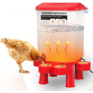 Heated Chicken Waterer Dispenser Plastic, 2 Gallons Hanging Heated Water Bowl for Winter Outdoor Chicken Coops for Chickens, Ducks, Geese, Pigeons, Quails, and Various Birds (Red)