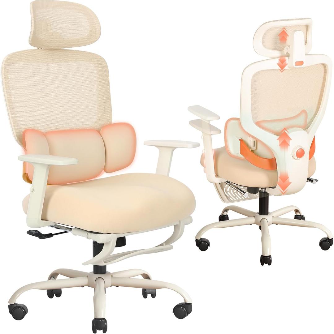 Ergonomic Office Chair with Footrest, Mesh Desk Chair with Adjustable Headrest & Armrests & Dynamic Floating Wing Lumbar Support, High Back Computer Chair for Home Office, BIFMA Certified, Beige (Apricot)