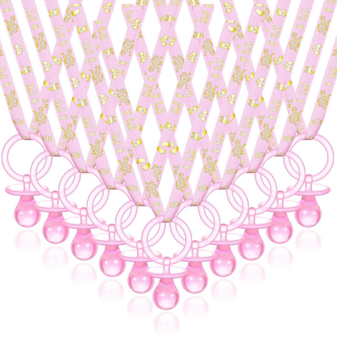 Junkin 60 Pieces Baby Shower Pacifiers Necklace Acrylic Pacifiers Necklace Charm for Baby Shower Party Favors Decorations, Women Style(Pink, Gold)