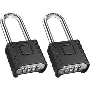 2 Pack 2.3in Long Shackle Combination Padlock [One-Touch Unlocking], Diyife Large Heavy Duty Outdoor Padlock Design of Hidden Password, High Security for Locker, Gym, Garden, Fences, Garage, Black