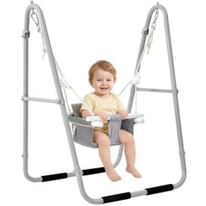 FUNLIO U-Shape Swing Set for Toddlers 6-36 Months, Heavy Duty Metal Frame with 2 Sandbags & 4 Anti-Slip Pads, Easy to Assemble & Store, Foldable & Portable Toddler Swing for Indoor/Outdoor-Gray