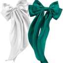 Pack Of 3 Hibasso Large 2-Piece Silky Satin Hair Bows Set for Women, Girls with Long Tails and Metal Clips – Aesthetic bow hair clip, Stylish Hair Accessories (Green & White)