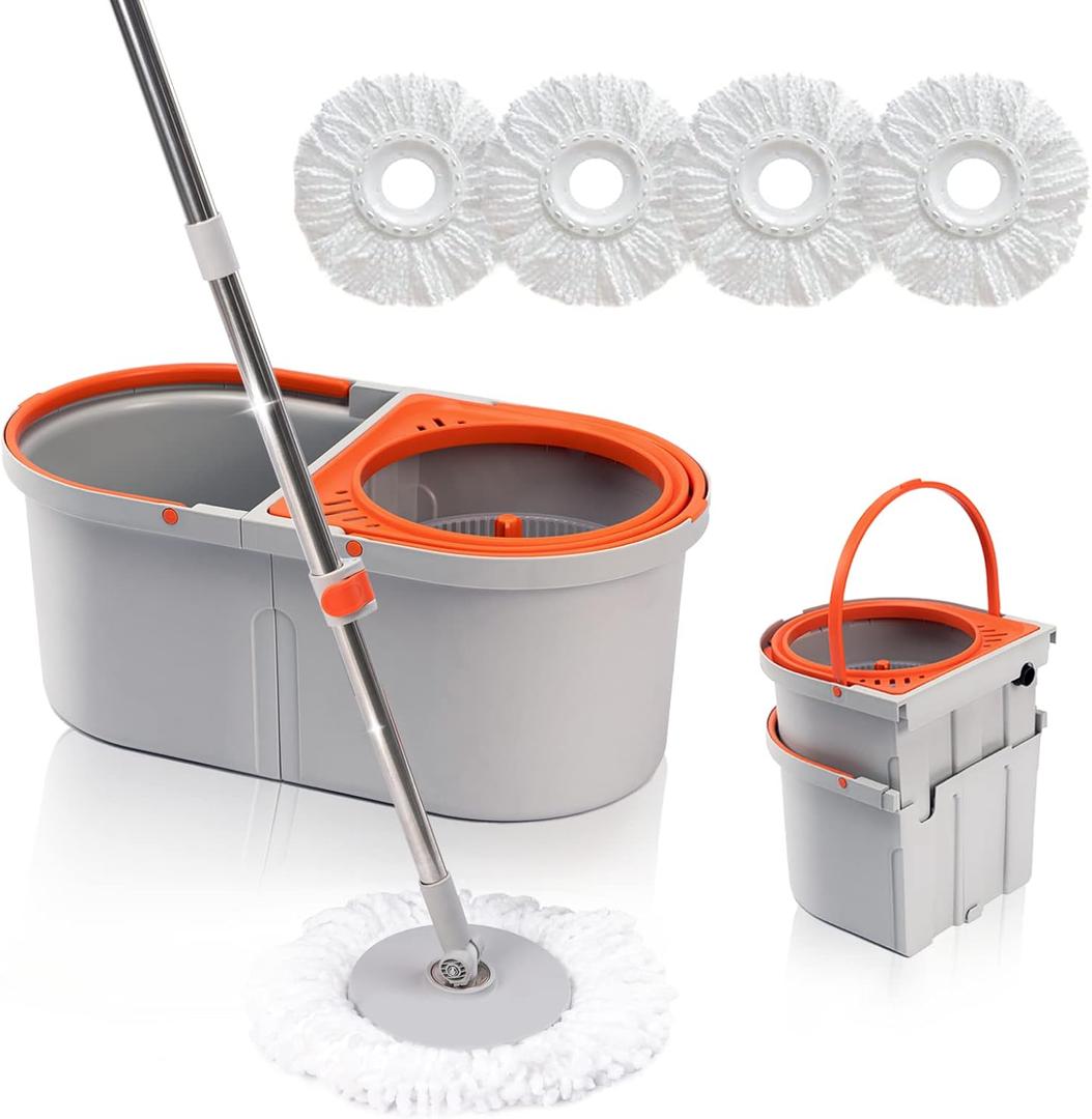 Spin Mop for Floor Cleaning with 4 Reusable Microfiber Mop Heads, 2 in 1 Mop and Bucket with Wringer Set, Wet Dust Mop for Hardwood, Laminate, Tile
