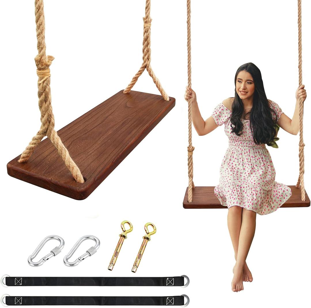 Wooden Swing, 24"x 8"x 1.2,500lbs,Wooden Tree Swing Adjustable Hemp Rope & Extension Tree Straps 100 inch (Nostalgic)