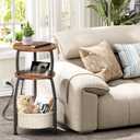 Side Table with Charging Station, Small Round End Table with Basket, USB Port and Outlet, 3 Tiers Sofa Couch Table for Living Room Bedroom, Small Spaces, 11.81in Rustic Brown