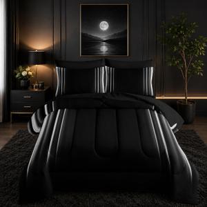 Nttopship White and Black Bedding Set Twin Size Abstract Ombre Comforter Set Bedding Set 7 Piece in A Bag,Dark Quilt Set Mordern Art Decor All Seasons with Pillowcases,Flat, Fitted Sheet