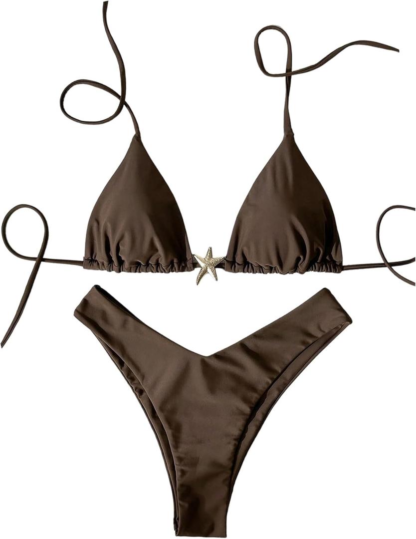 OYOANGLE Women's 2 Piece Swimsuit Starfish Decor Triangle Halter Bikini Set Bathing Suit (Large, Brown)
