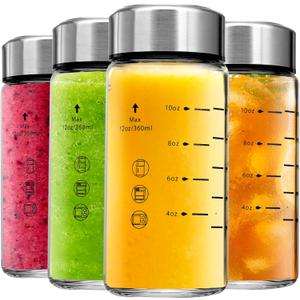 Glass Juice Bottles 4 Pack 12 oz - Wide Mouth Glass Water Bottles with Lids - Borosilicate,Stainless Steel Lids for Juicing, Smoothies, Infused Water, Beverage Storage, Leakproof, Reusable, BPA Free