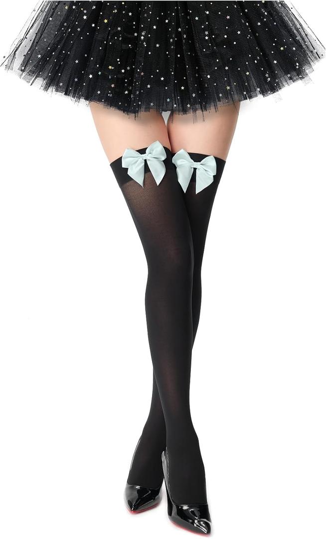 2 x Women's Satin Bows Thigh High Stockings Hold-ups Snag-Resistant Knee High Long Socks (Black)