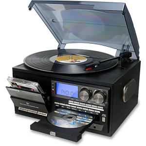 LoopTone Vinyl Record Player 10 in 1 3 Speed Bluetooth Vintage Turntable CD Cassette Player AM/FM Radio USB Recorder Aux-in RCA Line-Out (Black-Grey)