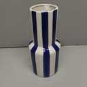 Deco 79 Ceramic Decorative Vase Round Centerpiece Vase with Blue Vertical Stripes, Flower Vase for Home Decoration 5" x 5" x 11", White