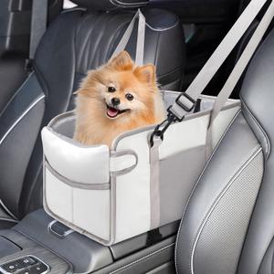 Portable Dog Car Seat for Small Dogs - Pet Booster Seat with Safety Leash, Adjustable Straps, Washable Cushion & Storage Pocket - Center Console Puppy Car Seat for Travel - Beige
