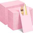 120 Pcs Pink Linen-Feel Paper Napkins with Built-in Flatware Pocket, Mother's Day Pocket Linen Napkin Prefolded Cloth Like Paper Napkins Bulk for Anniversay Wedding Baby Shower Birthday Bridal Party