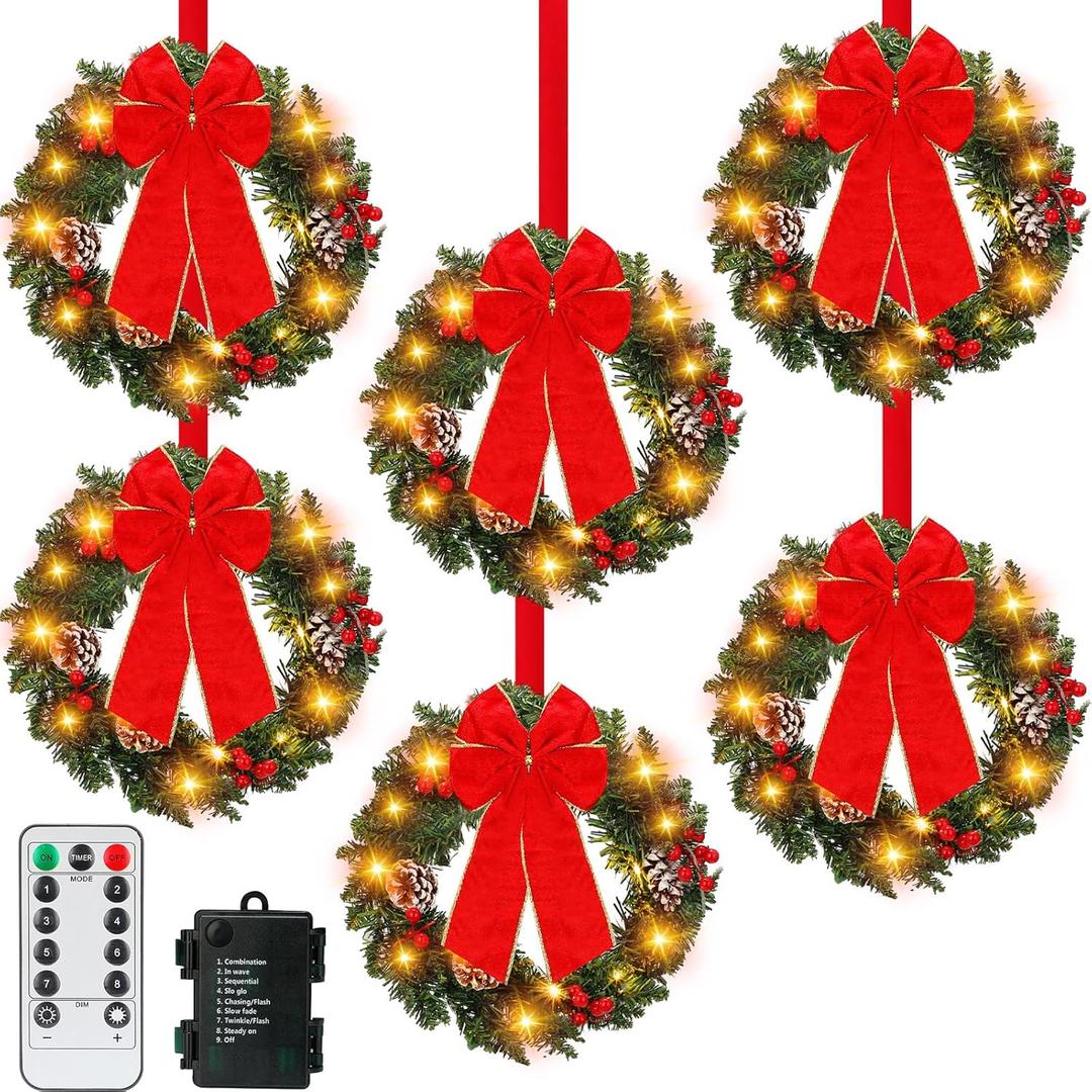 Ceenna Set of 6 Prelit Lighted Christmas Wreath 15 Inch Prelit Christmas Wreath with Large Buffalo Bow Battery Operated with 8 Modes Timer Remote Holiday Indoor Outdoor Decor(Retro)