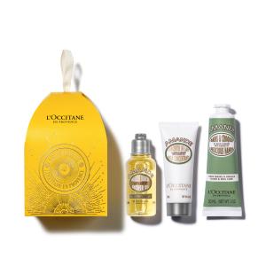 L'OCCITANE Almond Holiday Ornament Beauty Gift Set, 3-Piece Moisturizing Skincare Trio, Travel-Size Shower Oil, Body & Hand Cream Minis for Soft Skin