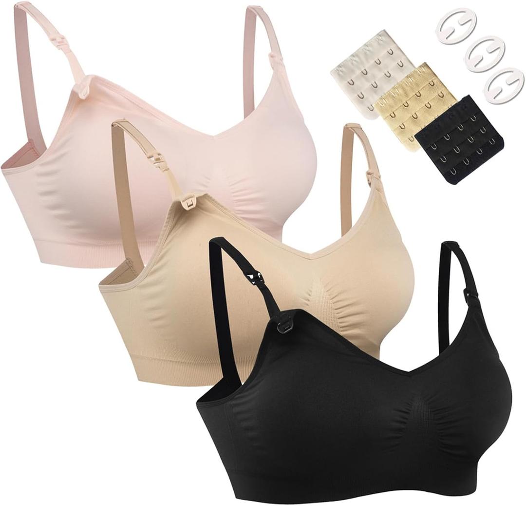 HOFISH 3PACK Full Bust Seamless Nursing Maternity Bras Bralette S-XXL with Extra Bra Extenders & Clips (Large, 3pack: Pink/Black/Beige)