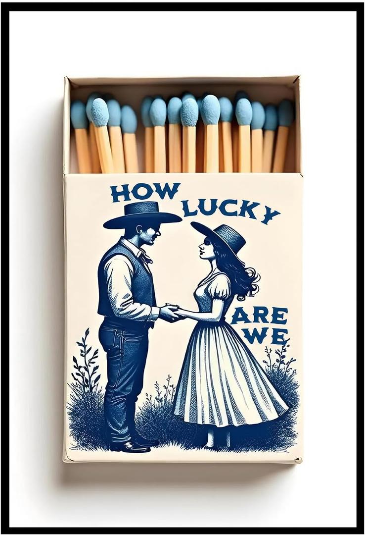Vintage Western Chinoiserie Indigo Blue Matchbox Canvas Print - Cowboy Love Story Illustration | Farmhouse/Kitchen/Living Room Decor | Trendy Boho Chic Apartment/Home Office | 16x24 Inch Unframed​