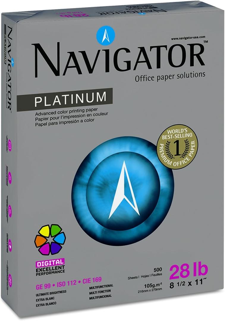 Navigator NPL1128 Platinum Paper, 99 Brightness, 28lb, 8-1/2 x 11, White, 500 Sheets per Ream