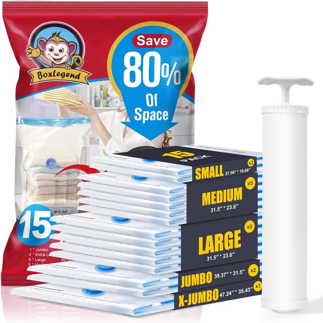 BoxLegend Vacuum Storage Bags 15 Combo Thickened Vacuum Pack Bags Space Saving Double Zipper Seal & Leak Valve Reusable for Clothes Pillow Comforters Bedding, 1XXL, 2XL, 5L, 5M, 2S, 1 Large Pump