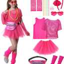80s Outfit for Kids Girls 16 Pcs 80s Costume Accessories Set Fun Girls 1980s Outfit for Halloween Retro Party Cosplay (9-10 Years, Pink) Large