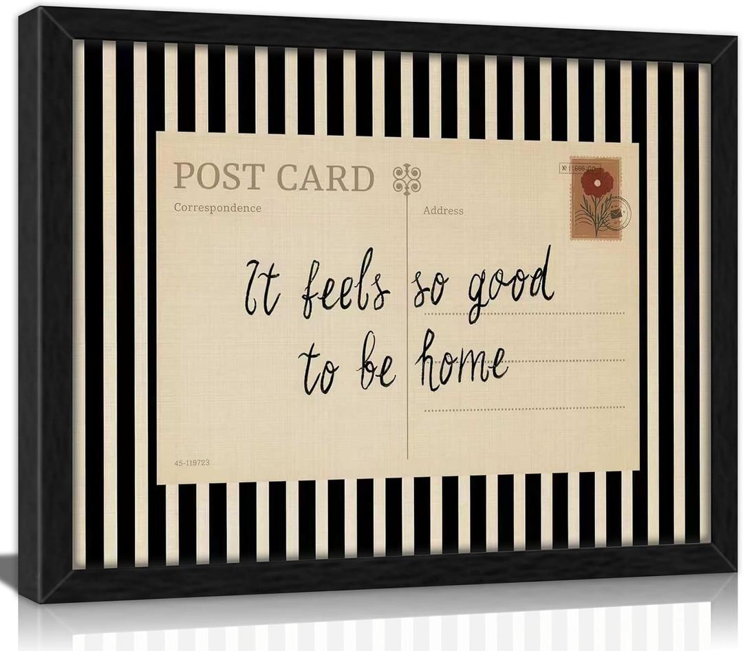 Framed 'It Feels So Good To Be Home' Postcard Wall Art, Vintage Black White Stripe Canvas Print, Rustic Farmhouse Decor for Living Room Bedroom Entryway Guest Room, 24"L x 16"W