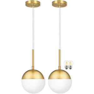Mccokaige 6 Inch Gold 2 Pack Mid Century Modern Pendant Light Pendants for Kitchen Island Frosted Milky White Glass Globe Height-Adjustable Modern Hanging Globe Pendant Light for Bedroom (Bulb Incl)