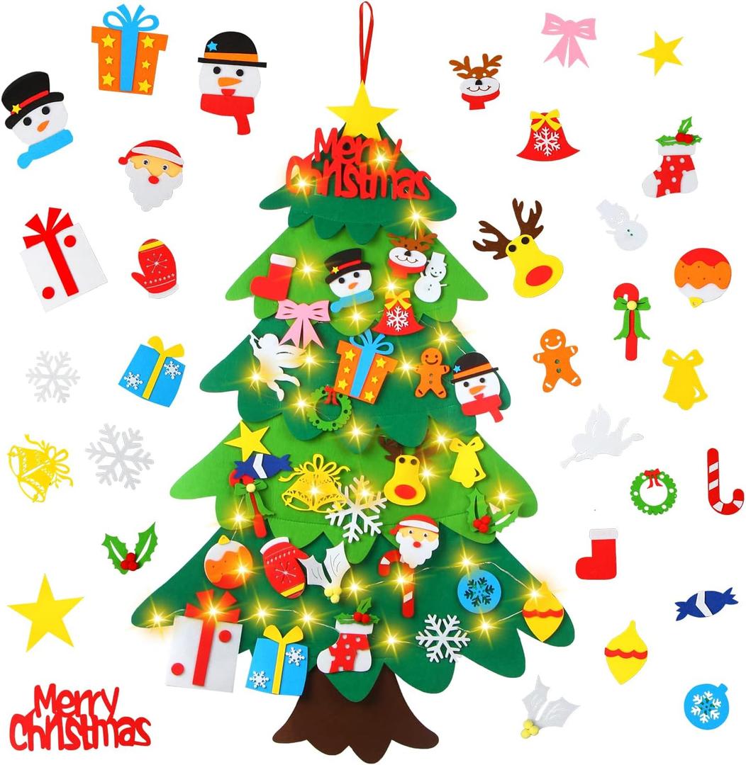 KIMOBER 4FT Lighted Felt Christmas Tree,Prelit DIY Christmas Tree with 40Pcs Detachable Ornaments Wall Hanging Decor for Xmas Party