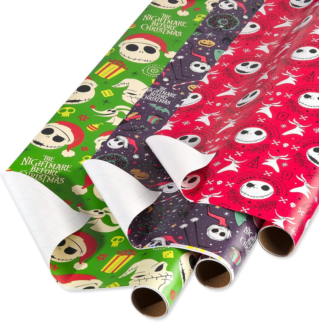 American Greetings Nightmare Before Christmas Christmas Wrapping Paper Rolls, Black and Red Holiday Gift Wrap (105 sq. ft., 3 Rolls-30 in. x 14 ft., Cut Lines) Jack Skellington, Oogie Boogie, Cosmo