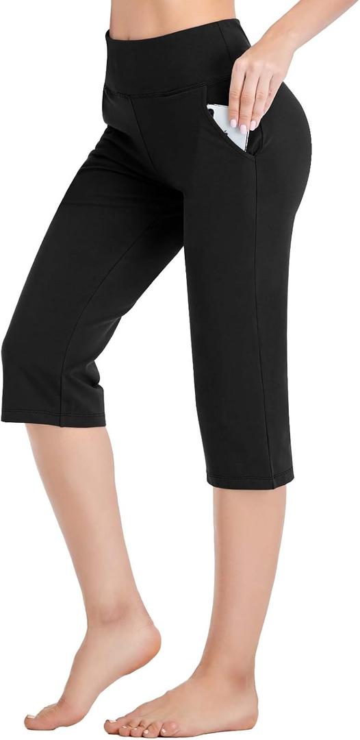 RIMLESS 7 Women's Capri Pants with Pockets Lounge Crop Yoga Pants Tummy Control Stretch Workout High Waist Athletic Pants P03-Black-L