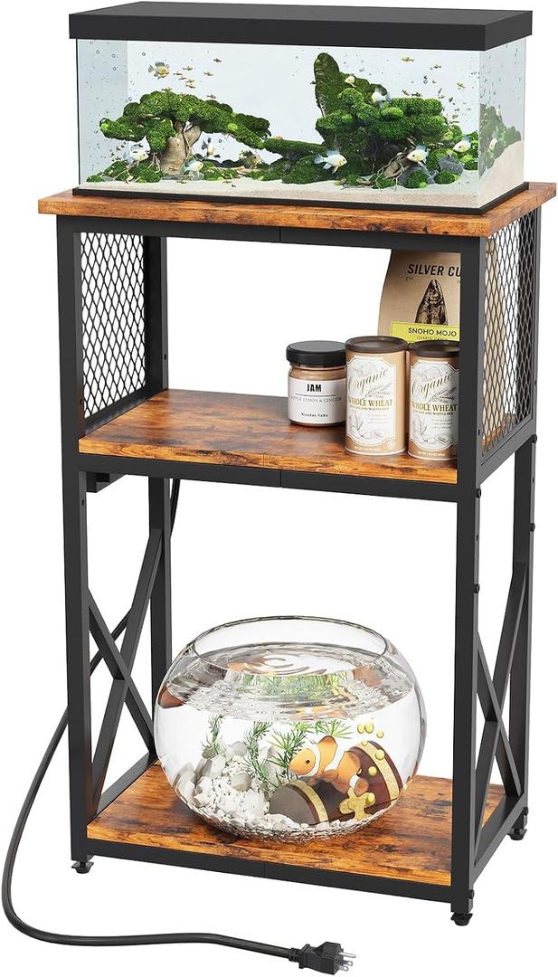 10 Gallon Fish Tank Stand with Power Outlet , 3 Tier Aquarium Stand with Shelf, Turtle/Reptile Tank Stand for Home Office ,Adjustable Boards, 20.47''L×11.42''W×30.91''H, Retro Brown