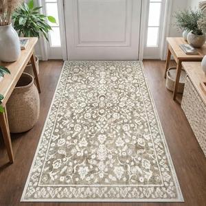 SILOLOOM Vintage 3x5 Washable Rug for Entryway, Super Soft Beige Taupe Entryway Rug Non-Slip, Printed Faux Wool Floral Neutral 3x5 Area Rug Thin Floor Carpet for Kitchen, Bedroom, Office, Living Room
