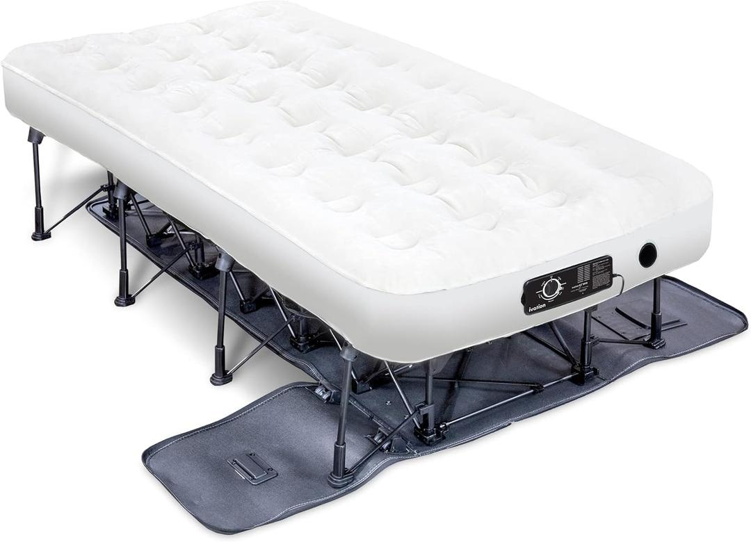 Ivation EZ-Bed (Twin) Inflatable Air Mattress with Frame & Rolling Case, Built-in Deflate Defender Dual Pump Technology - 3 Min Self Inflate/Deflae Raised Blow up Bed on Legs, Premium Coil Design