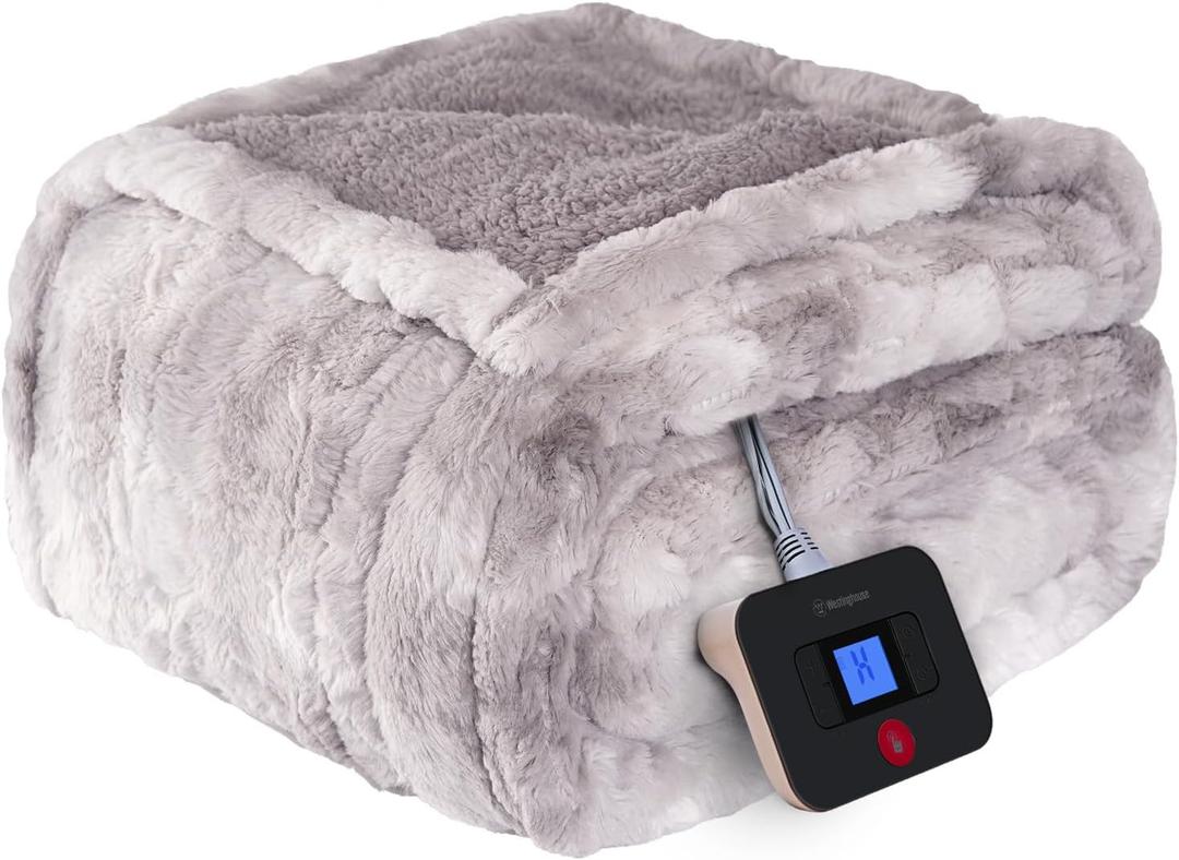 Westinghouse Electric Blanket Twin, Faux Fur Heated Blanket with 10 Heating Levels & 1-12 Hours Auto Off, Soft Cozy Sherpa Heated Blanket Washable Blanket (62" x 84" Twin Size, Light Grey)