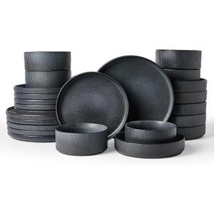 Famiware Star Dinnerware Set with Pasta Bowls, Service for 6 (24 Pieces), Ribbed Stoneware Plates and Double Bowls Sets - Chip & Scratch Resistant, Microwave & Dishwasher Safe, Matte Dark Charcoal