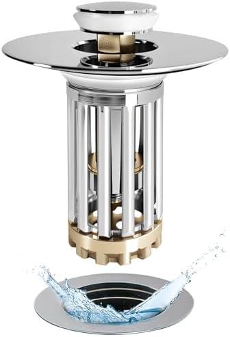 Anlige Bathroom Sink Drain Strainer, 3 in 1 Pop Up Bathroom Sink Stopper with Removable Brass Basket Hair Catcher, Universal Sink Plug for 1.06 to 1.6in Drain Hole, Chrome Silver