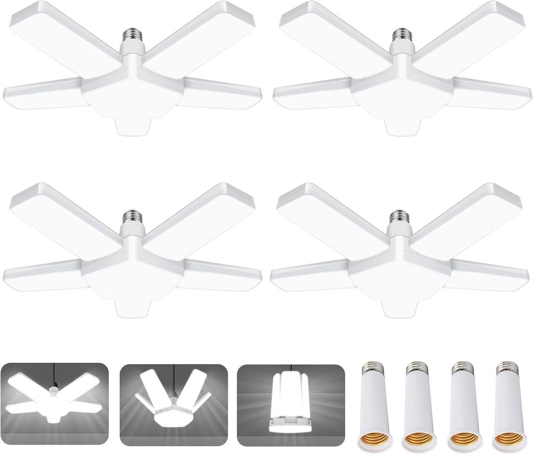 LED Garage Lights 4 Pack, 100W 10000LM 6500K E26/E27 Ceiling Light with 5 Adjustable Panels for Workshop, Basement, Warehouse
