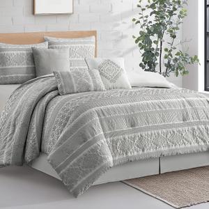 7 Piece California King Comforter Set, Grey, Elegant Jacquard with Patchwork, Stylish and Cozy Bedding Collection, Premium Bedding Set with Bedskirt, Shams and Pillows