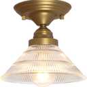 Industrial Semi Flush Mount Ceiling Lamp with Clear Ribbed Glass Lampshade, Vintage Close to Ceiling Light Fixtures for Hallway Entryway Bedroom Stairwell (Antique)