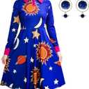 Halloween Women's Planets Stars Moon Solar System Dress Cosplay Costume A-Line Dress XL, Dark Blue 