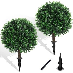 Artificial Green Boxwood Topiary Ball Bush for Outdoor with Spike, Set of 2 UV Resistant Faux Boxwood Ball Tree with Stake Weatherproof Fake Round Topiary Shrub Plant for Front Porch