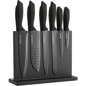 Kitchen knife set with Magnetic knife holder, 15 pieces high carbon stainless steel sharp kitchen knife set including chef's knife, bread knife, serrated steak knife set (Black)