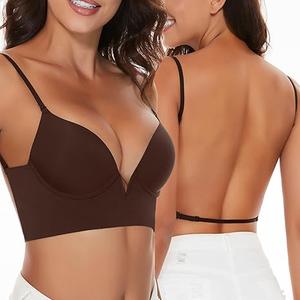 Low Back Bras-Seamless Deep-V Plunge Invisible Backless Bra-Lightly Lined Underwire Halter Multiway Low Cut Bra
34C