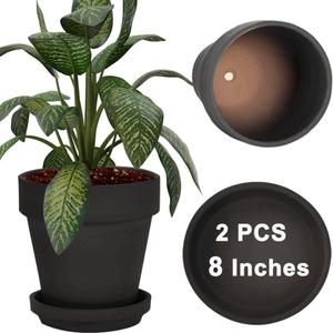 8 Inch Black Terracotta & Clay Pots with Saucer, 2 Pack