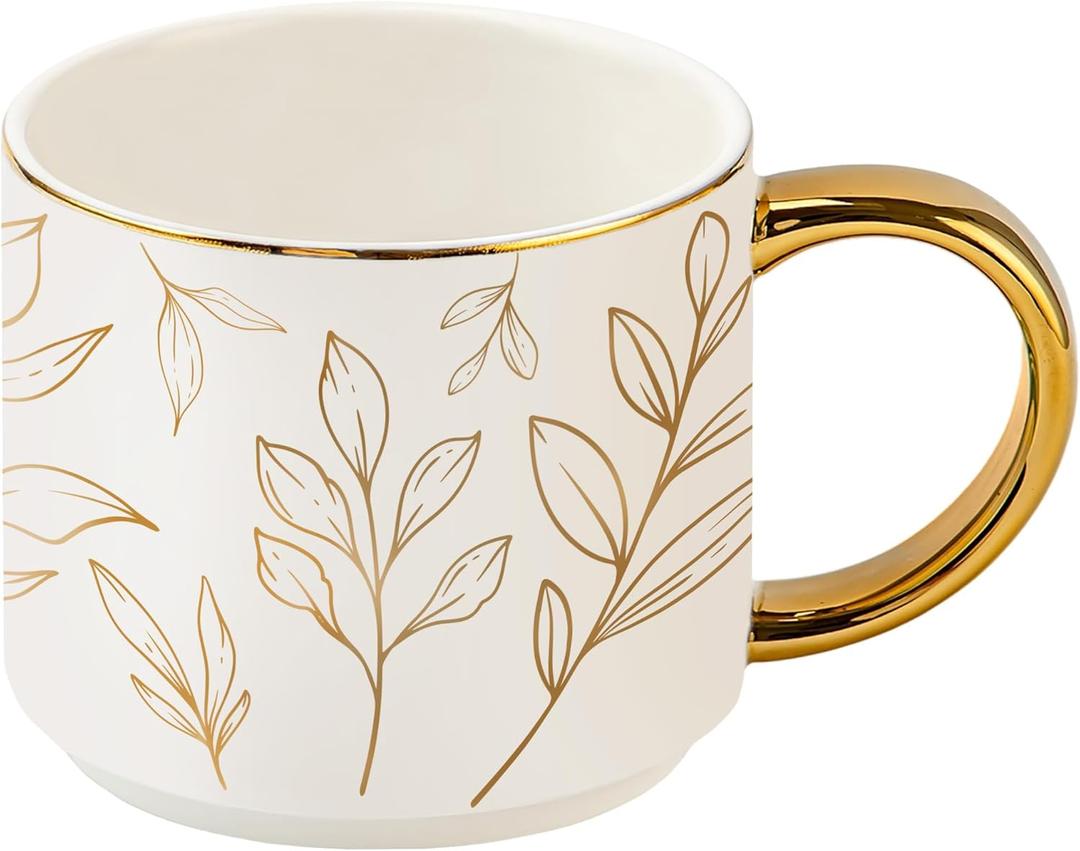 Sweet Water Decor Gold Leaves Mug with Gold Handle, 14oz Fine Bone China Coffee Cup for Tea, Latte, or Hot Cider, Autumn Leaf Drinkware, Fall Decorations for Kitchen, Gift for Mom, Sister & Wife