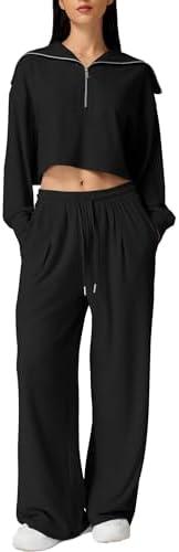QINSEN Women Cozy 2 Piece Lounge Matching Set Wide Leg Sweatpants Half Zip Crop Sweatshirt Outfits M