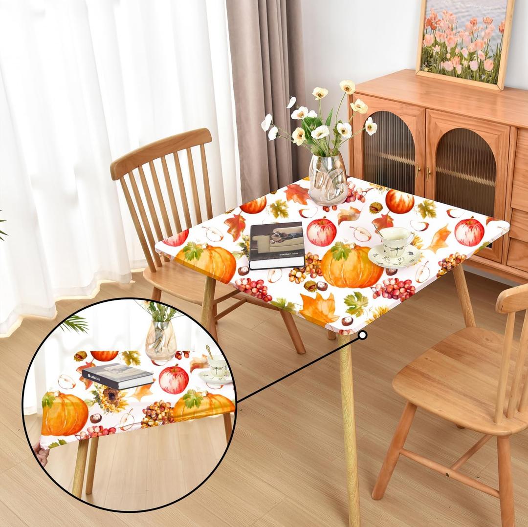 Thanksgiving Tablecloth Fitted Table Cloths with ElasticWashable Outdoor Spandex Patio Table Cover for Holiday Pumpkin and Fruits 34 x 34 Inch Square (Thanksgiving Pattern 1)