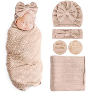 Newborn Receiving Blanket with Bow Hat Headband Wooden Card Set Wheat-Pattern Newborns Toddler Baby Boy Girl Nursery Swaddle Wrap