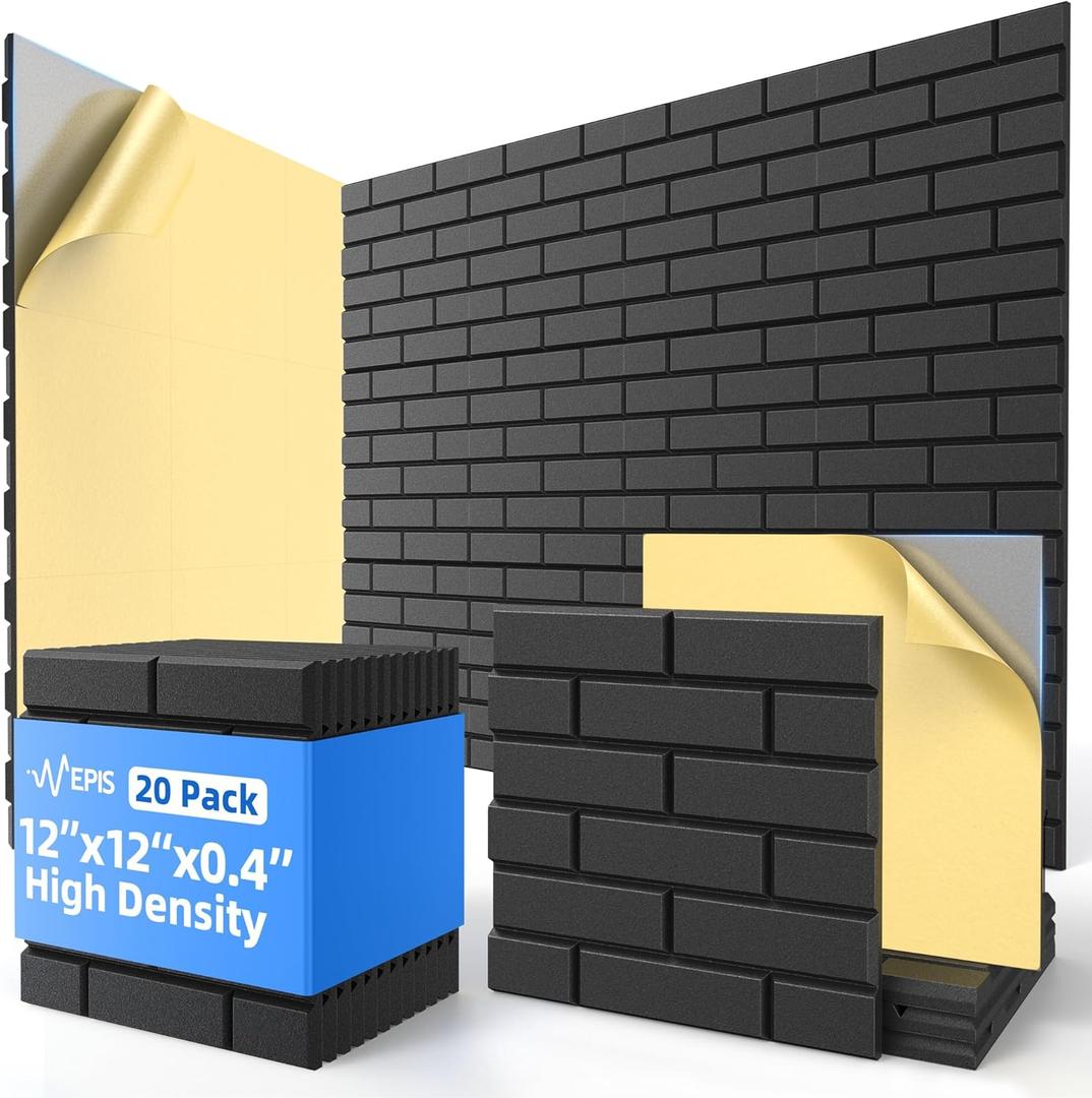 20 Pack Acoustic Panels with Self Adhesive, 12" X 12" X 0.4" High Density Sound Proof Foam Panels for Walls, Soundproof Wall Panels, Brick Sound Absorbing Panels for Home Studio Office Decor - Black (20 Pack Brick)