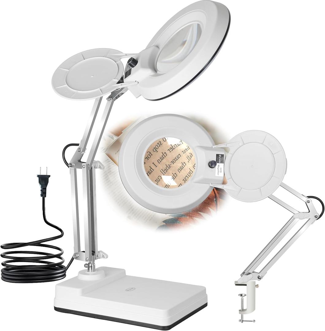 Gynnx Magnifying Glass with Light and Clamp,10X Lighted Magnifying Glass Lamp LED Dimmable,5 Inches Lens with Stainless Steel Arm for Reading,Craft,Painting and Close Work(White Cover)