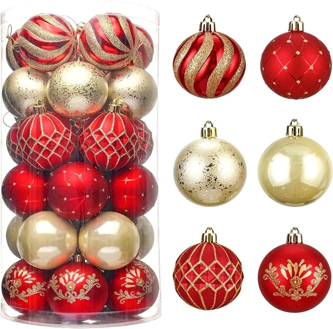 30pcs Colored Christmas Balls Ornaments for Xmas Tree Shatterproof Christmas Tree Hanging Balls Decoration for Holiday Party Wedding Decoration Set with Hang Rope 2.36"(Red & Gold)